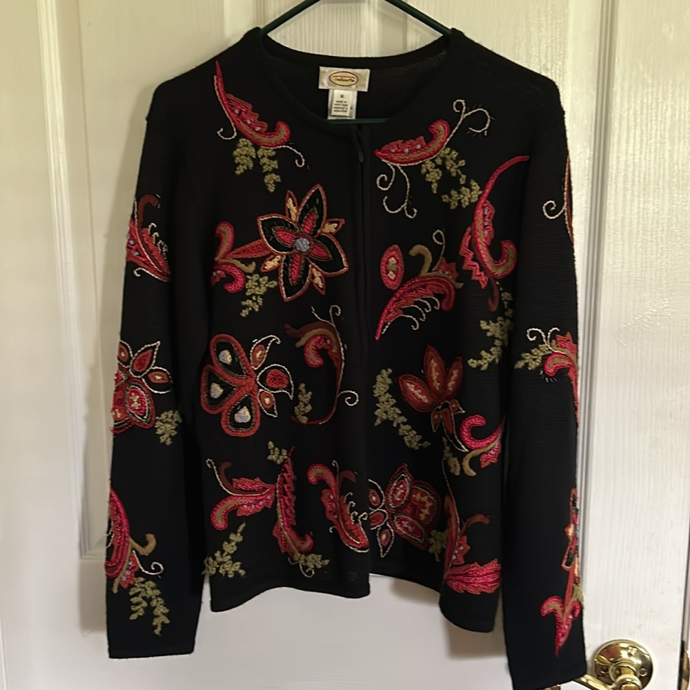 Talbots cardigan sweater full front zipper 90s embroidered black floral beaded
